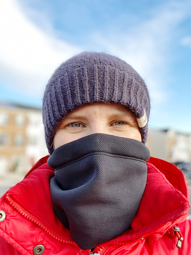 photo of my face covered by winter hat and gaiter on a walk