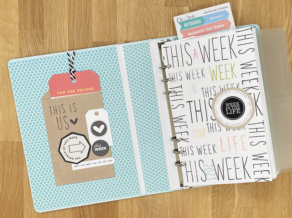 Photo showing the inside cover of a scrapbook and title page reading "This Week" repeated over and over